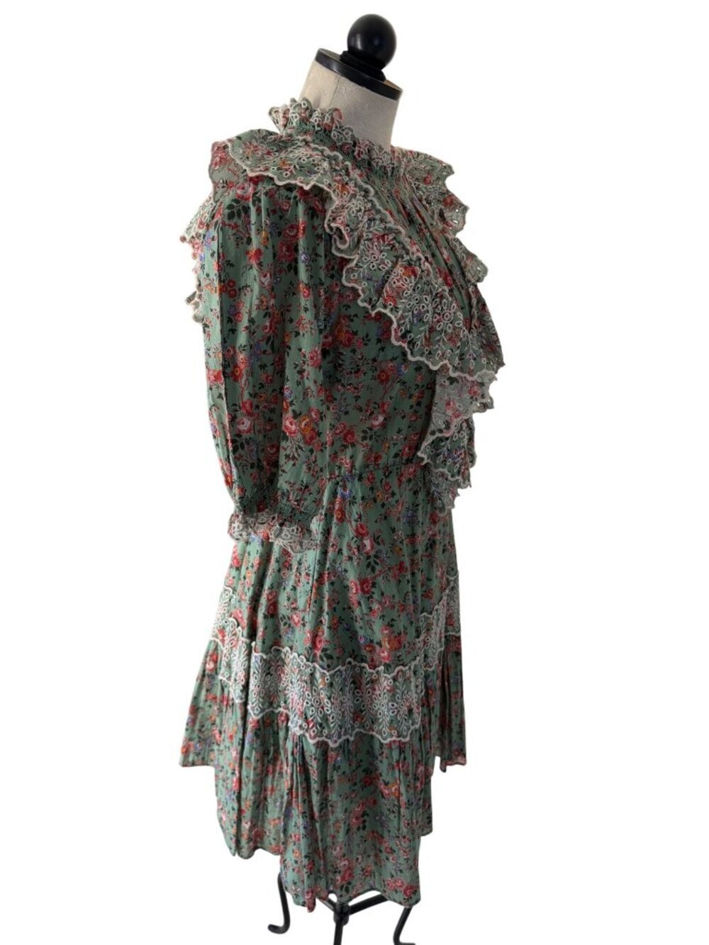 byTimo Womens Eyelet Lace Trim Ruffle Bodice Floral Mini Dress Size M Green Boho - Picture 3 of 10